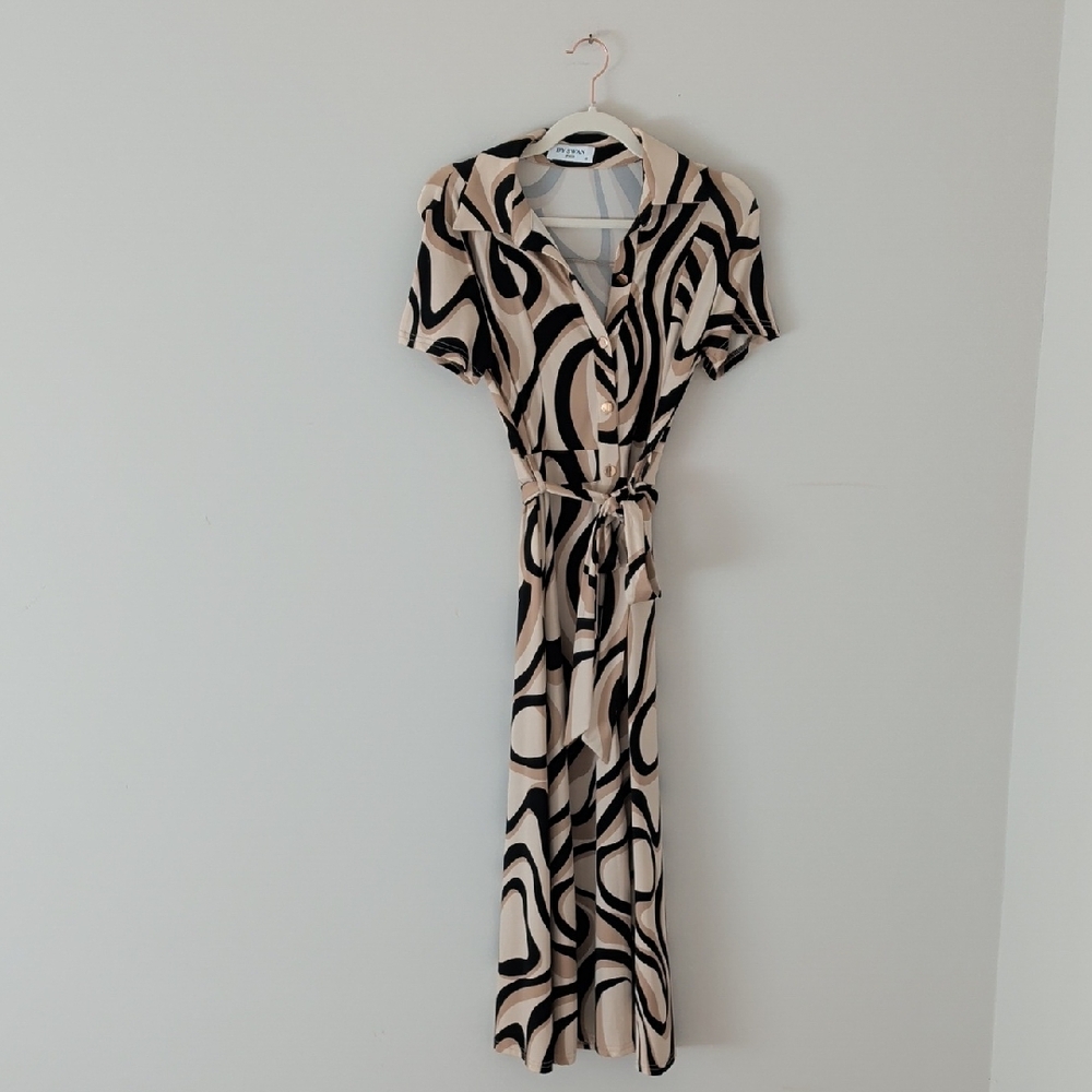 By Swan Paris Black  and Cream Swirl Dress With Gold Buttons - Size Small